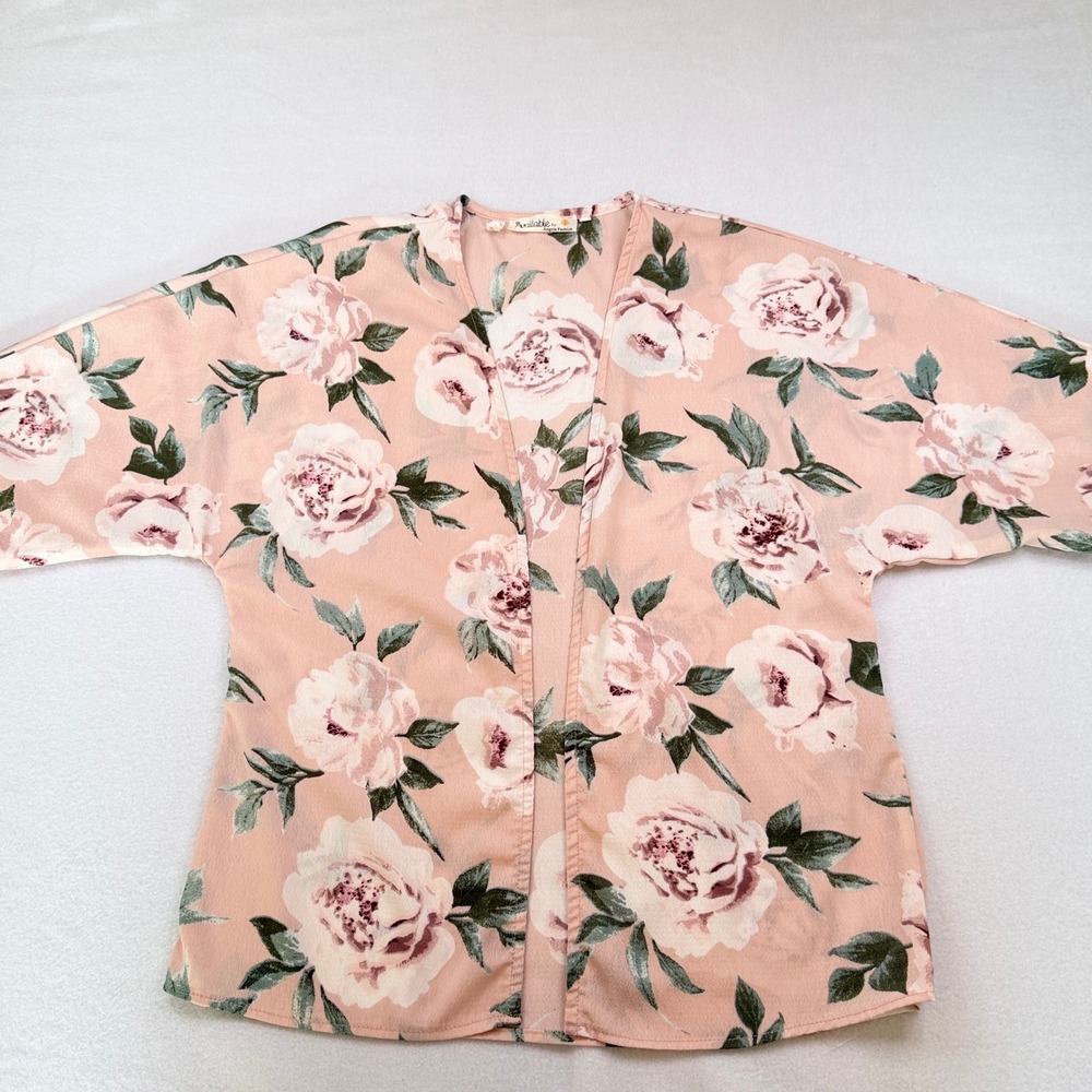 Available by Angela Fashion Pink Floral Kimono Cardigan Rose Print J7993
